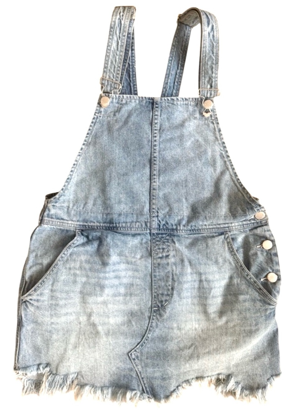Free People Denim Overall Mini Dress Size 6 Raw Hem Distressed Blue